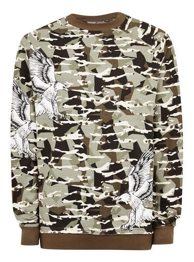 Topman Mens Punk Royal Khaki Camouflage Eagle Sweatshirt