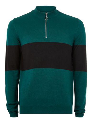 Topman Mens Blue Teal And Black Zip Sweater