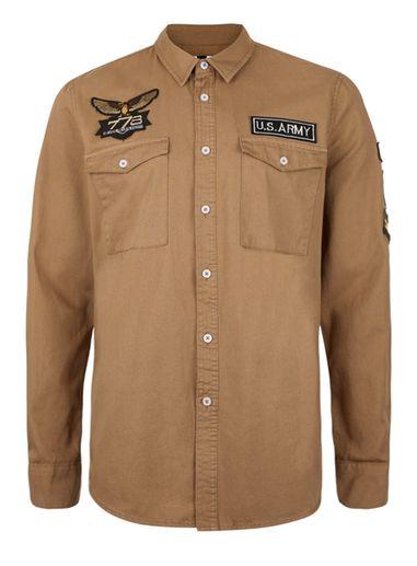 Topman Mens Brown Tan Long Sleeve Badge Shirt