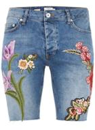 Topman Mens Mid Blue Mid Wash Floral Embroidery Denim Shorts