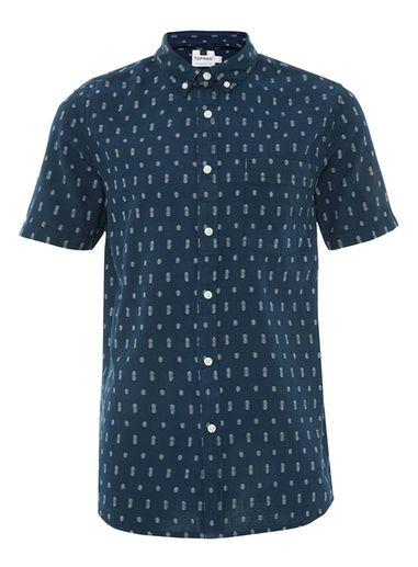 Topman Mens Blue Indigo Jacquard Short Sleeve Casual Shirt