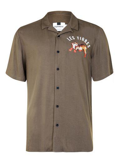 Topman Mens Green Khaki Tiger Print Short Sleeve Casual Shirt