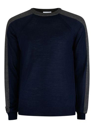 Topman Mens Blue Premium Navy And Grey Merino Blend Slim Fit Sweater