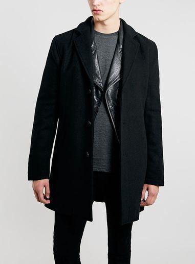 Topman Mens Classic Black Wool Blend Overcoat