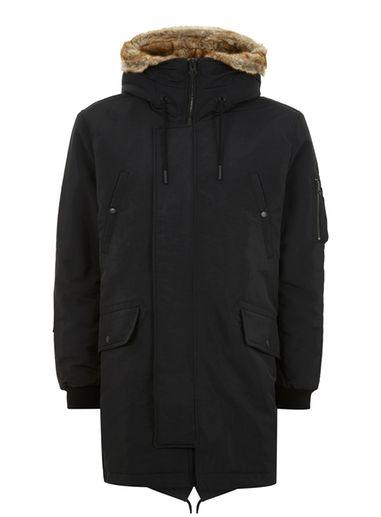 Topman Mens Black Fur Lined Parka