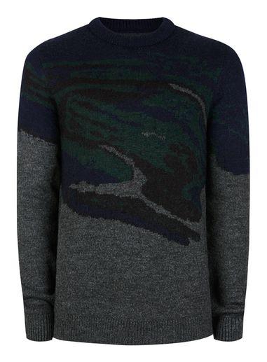 Topman Mens Multi Premium Navy, Grey And Green Jacquard Sweater