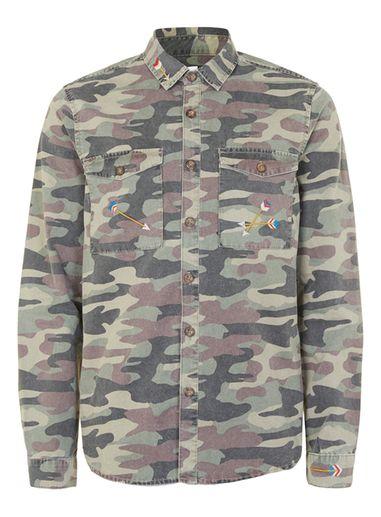 Topman Mens Green Khaki Camo Embroidered Arrow Overshirt
