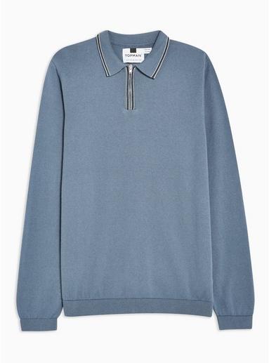 Topman Mens Blue Long Sleeve Tipped Zip Polo