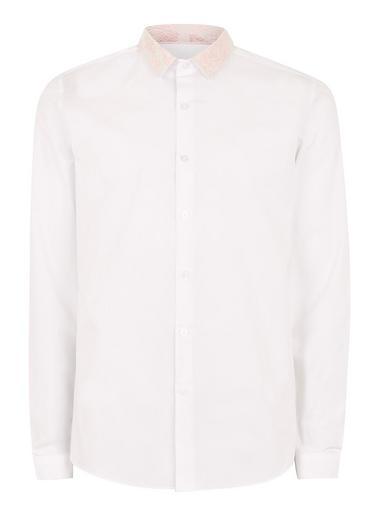 Topman Mens White Jacquard Collar Long Sleeve Shirt