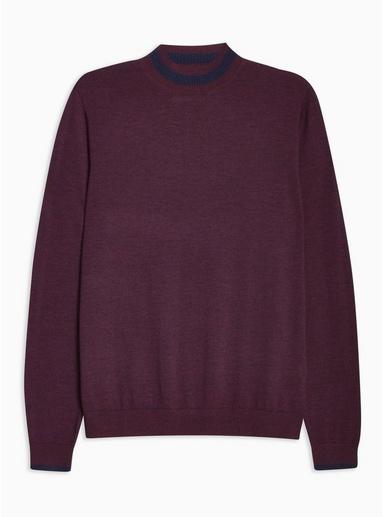 Topman Mens Burgandy Burgundy Merino Tipped Turtle Neck Sweater