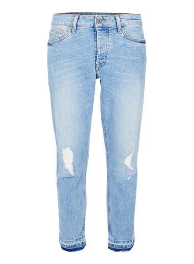 Topman Mens Light Wash Blue Ripped Raw Hem Stretch Skinny Jeans