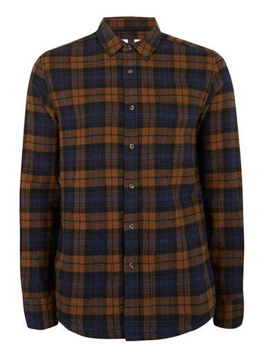 Topman Mens Brown And Navy Check Casual Shirt