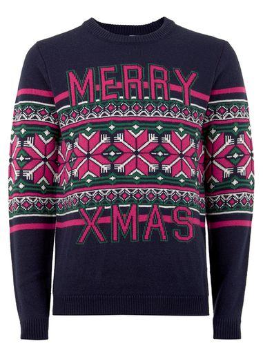 Topman Mens Blue Navy, Pink And White 'merry Xmas' Sweater