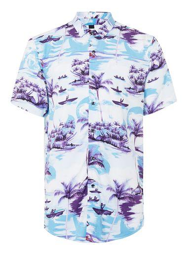 Topman Mens Purple Print Viscose Short Sleeve Casual Shirt