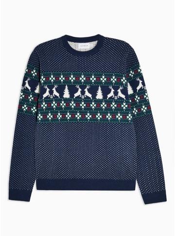 Topman Mens Holiday Navy Yoke Fair Isle Sweater