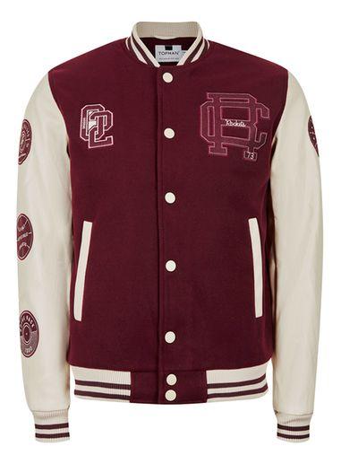 Topman Mens Red Burgundy Badged Varsity Bomber Jacket