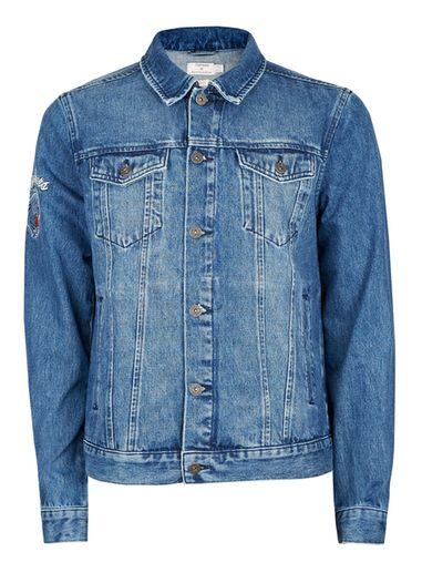 Topman Mens Blue Embroidered Denim Jacket