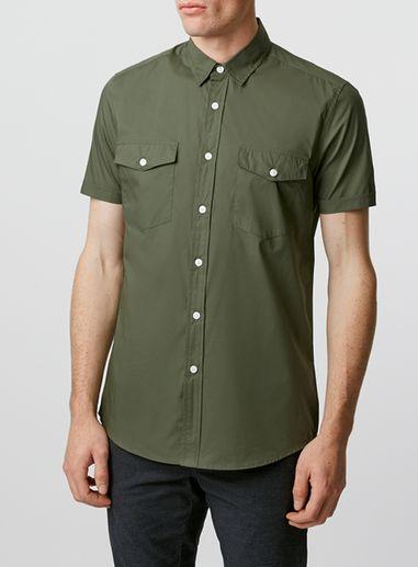 Topman Mens Green Khaki Double Pocket Poplin Short Sleeve Casual Shirt