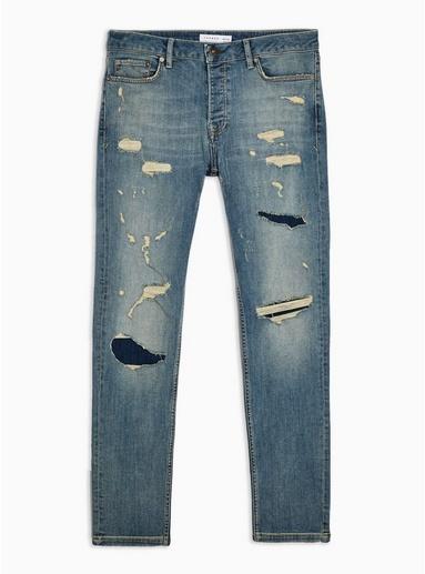 Topman Mens Blue Extreme Ripped And Repair Stretch Skinny Jeans