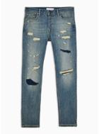 Topman Mens Blue Extreme Ripped And Repair Stretch Skinny Jeans
