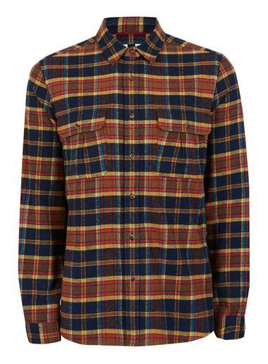 Topman Mens Blue Navy And Rust Check Heavyweight Cotton Shirt
