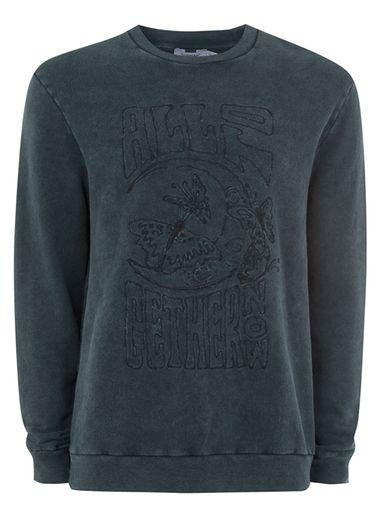 Topman Mens Grey James Bay X Topman Gray Embroidered Acid Wash Sweatshirt
