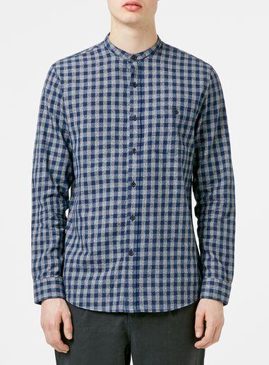 Topman Mens Blue Navy Gingham Long Sleeve Shirt