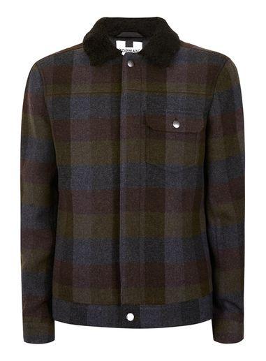 Topman Mens Green Khaki Check Wool Blend Western Jacket