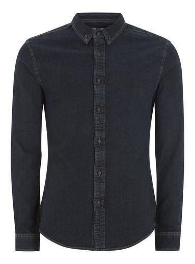 Topman Mens Blue Denim Stretch Long Sleeve Shirt