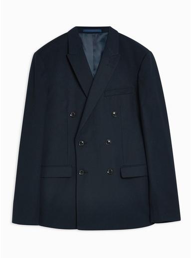 Topman Mens Navy Textured Slim Double Breasted Blazer