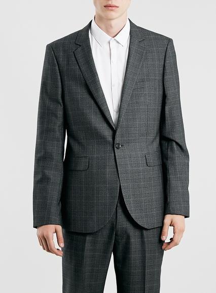 Topman Mens Brown Grey Check Slim Fit Suit Jacket