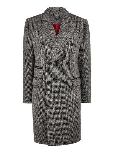 Topman Mens Mid Grey Grey Wool Blend Herringbone Double Breasted Overcoat