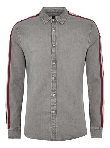 Topman Mens Grey Gray And Burgundy Taping Long Sleeve Denim Shirt