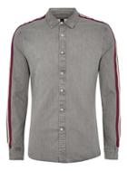 Topman Mens Grey Gray And Burgundy Taping Long Sleeve Denim Shirt