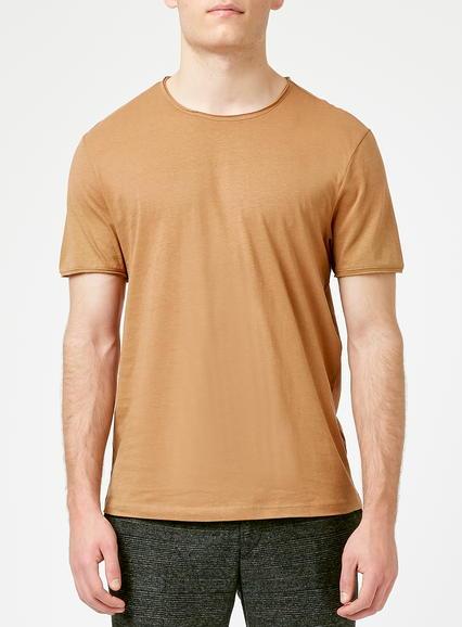 Topman Mens Brown Tan Raw Edge Curl Neck T-shirt