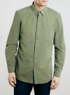 Topman Mens Green Khaki Long Sleeve Casual Twill Shirt