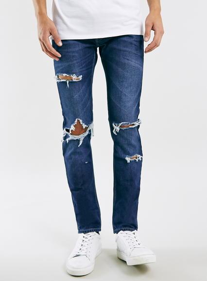 Topman Mens Blue Dark Wash Rips Skinny Jeans