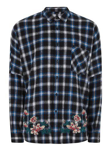 Topman Mens Black And Blue Floral Embroidered Shirt
