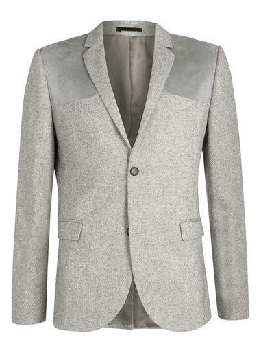 Topman Mens Mid Grey Grey Shoulder Patch Wool Blend Skinny Fit Blazer