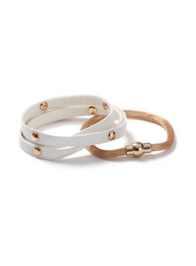 Topman Mens White Faux Leather Wrap And Gold Look Mesh Bracelet 2 Pack*