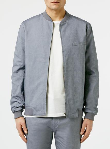 Topman Mens Light Blue Chambray Tailored Bomber Jacket