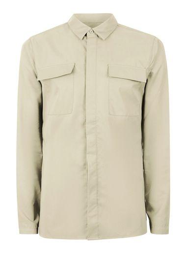 Topman Mens Beige Stone Tencel Military Style Dress Shirt