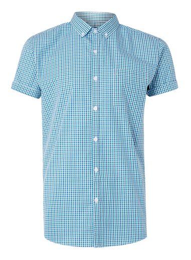 Topman Mens Green Teal And Navy Gingham Short Sleeve Dress Shirt