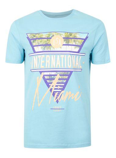 Topman Mens Blue Miami Print Slim Fit T-shirt