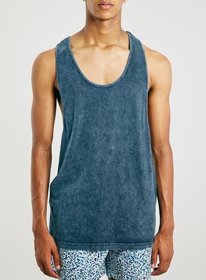 Topman Mens Blue Washed Slim Gym Tank