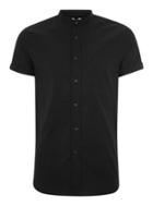 Topman Mens Black Muscle Fit Stand Collar Oxford Short Sleeve Shirt