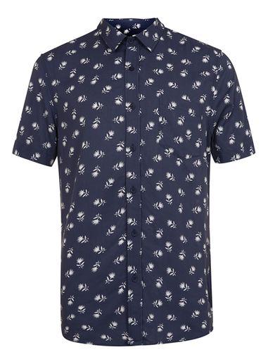 Topman Mens Blue Navy Thistle Print Short Sleeve Casual Drape Shirt