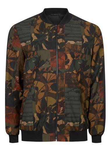 Topman Mens Brown And Green Leaf Print Smart Bomber