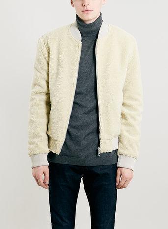 Topman Mens Cream Off White Borg Bomber Jacket