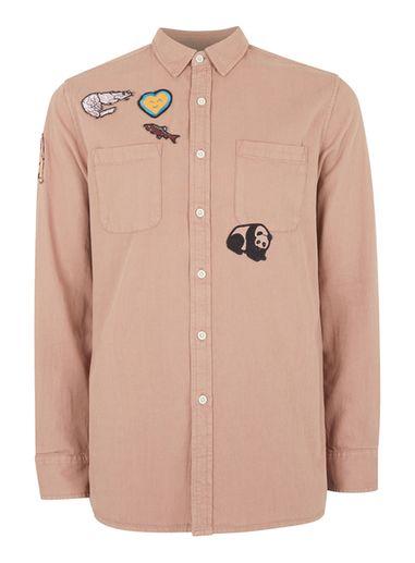 Topman Mens Pink Stucco Brown Badged Washed Twill Casual Shirt